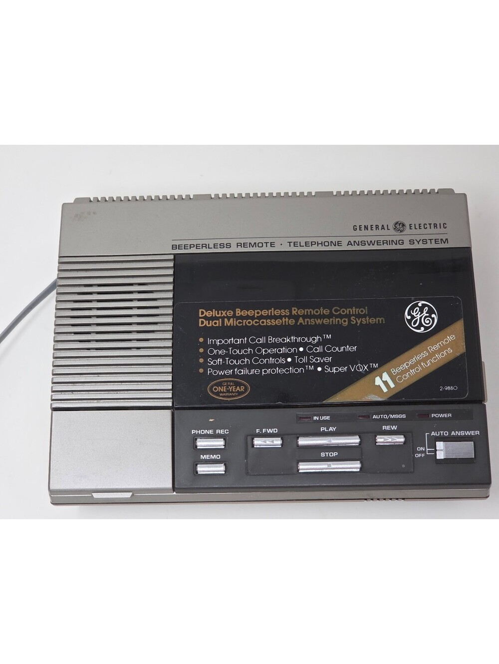 General Electric 2-9880B Dual Microcassette Answering Machine Beeperless Remote